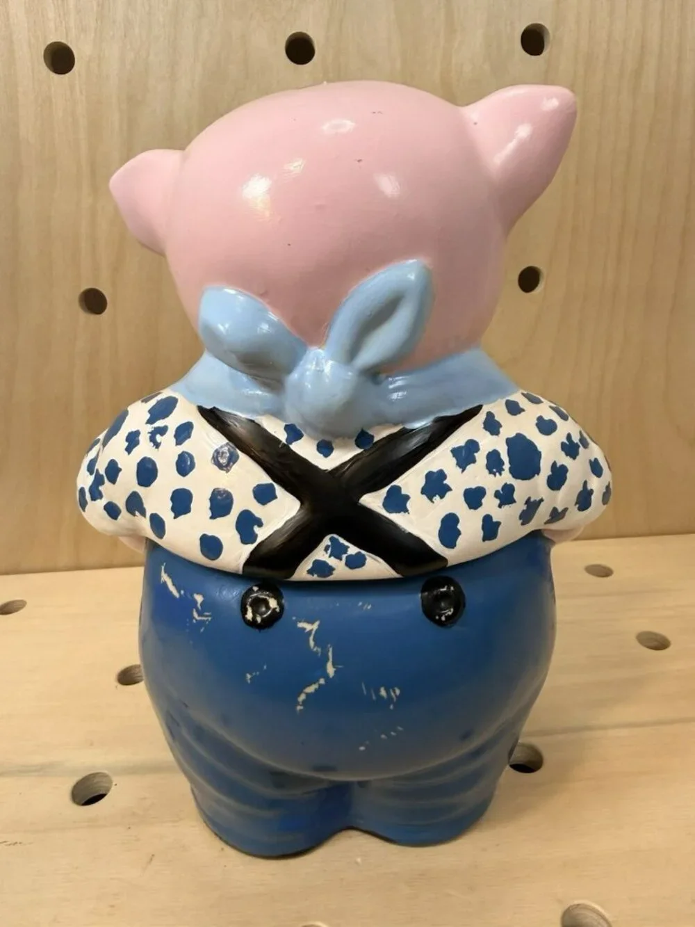 Vintage 1940's Shawnee Pottery Smiley Pink Pig Cookie Jar Blue Scarf Pants RARE